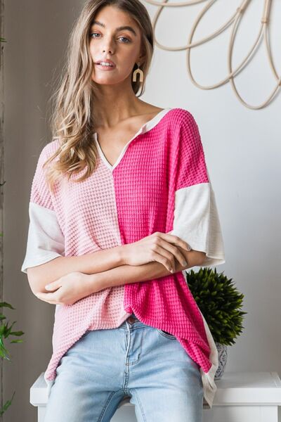 Heimish Contrast Waffle-Knit Half Sleeve Blouse