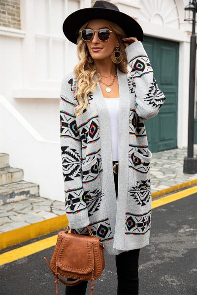 Pocketed Geometric Open Front Cardigan