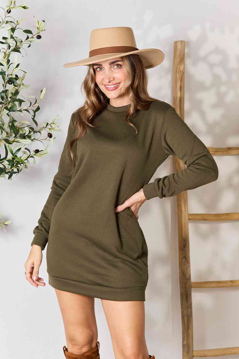 Round Neck Long Sleeve Mini Dress with Pockets