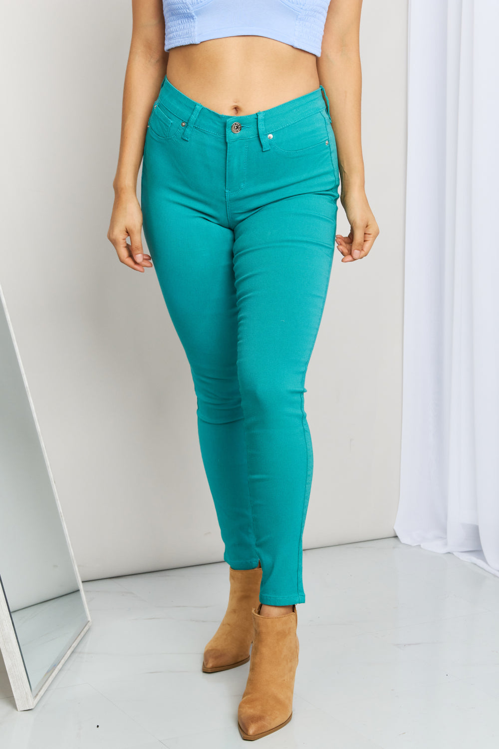 Kate Hyper-Stretch Mid-Rise Skinny Jeans in Sea Green