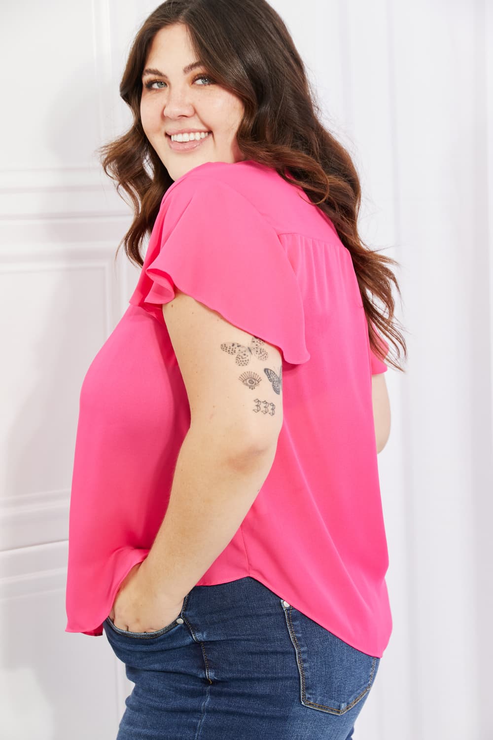 Just For You Short Ruffled sleeve length Top in Hot Pink