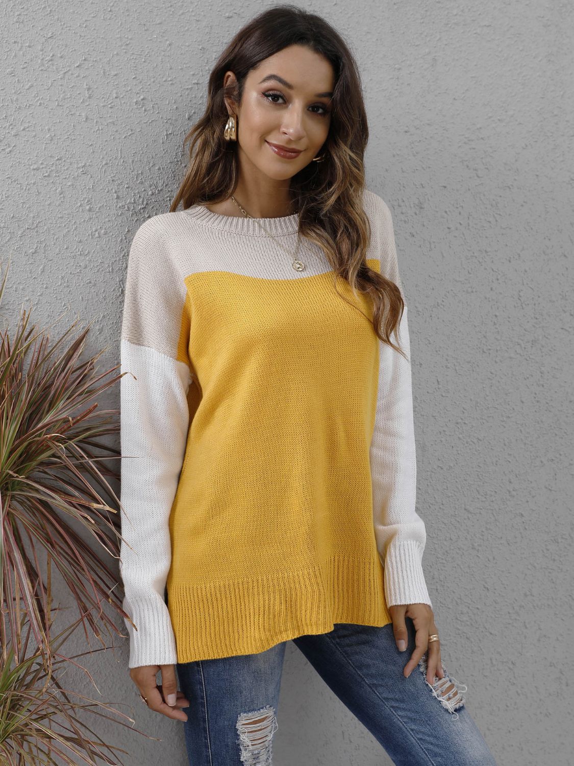 Color Block Dropped Shoulder Sweater