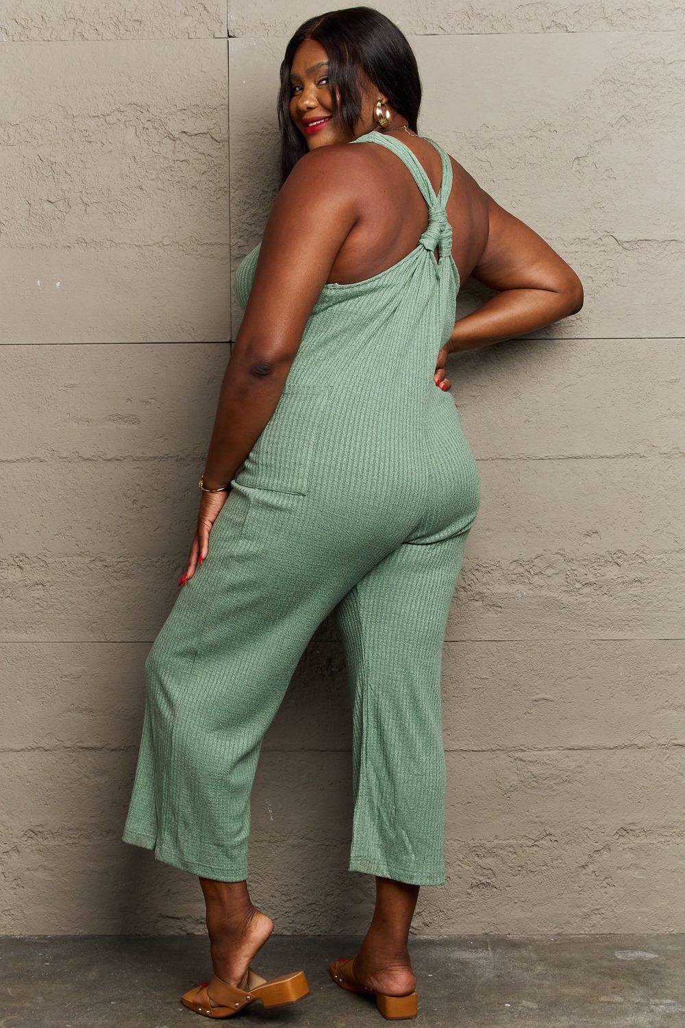 Don't Get It Twisted Rib Knit Jumpsuit-Sage