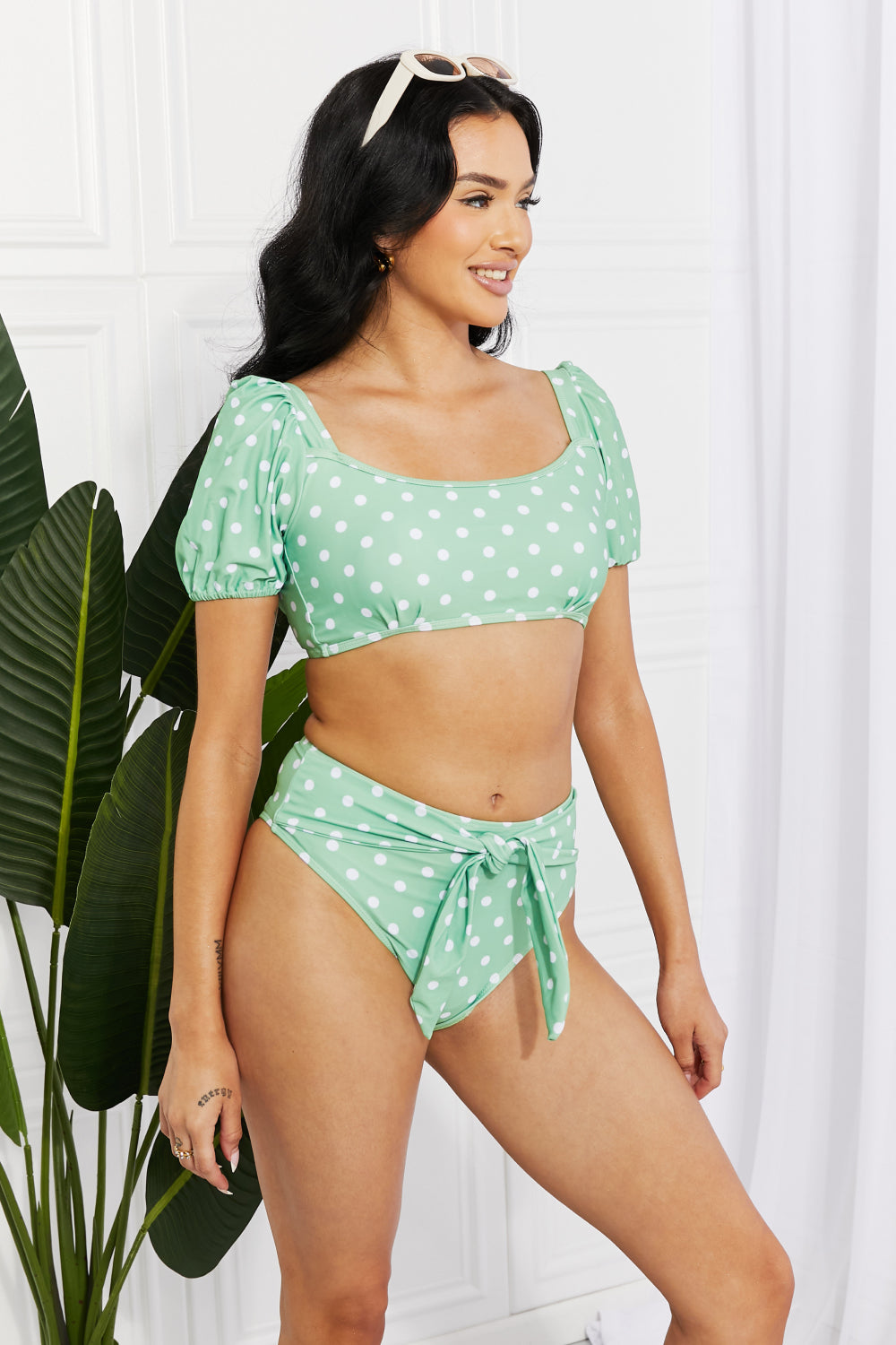 Swim Vacay Ready Puff Sleeve Bikini in Gum Leaf