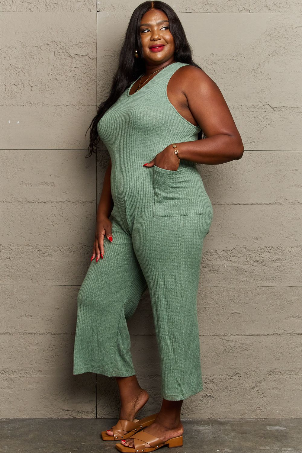 Don't Get It Twisted Rib Knit Jumpsuit-Sage