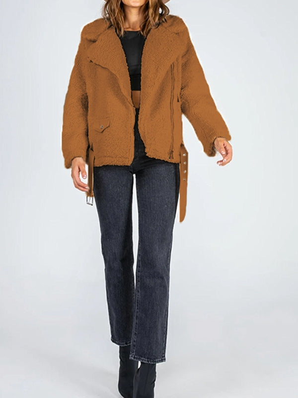 Zip-Up Belted Sherpa Jacket