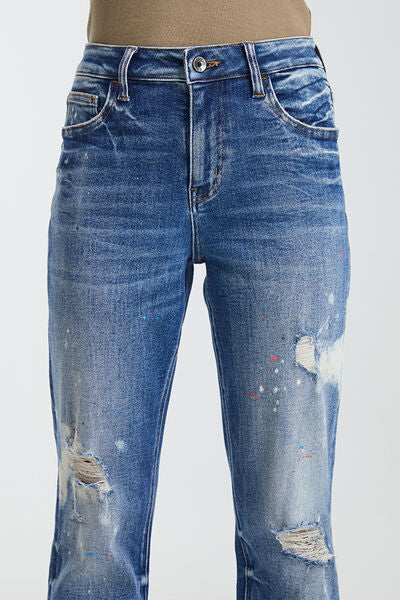 High Waist Distressed Paint Splatter Pattern Jeans