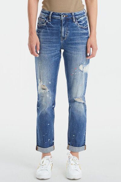 High Waist Distressed Paint Splatter Pattern Jeans