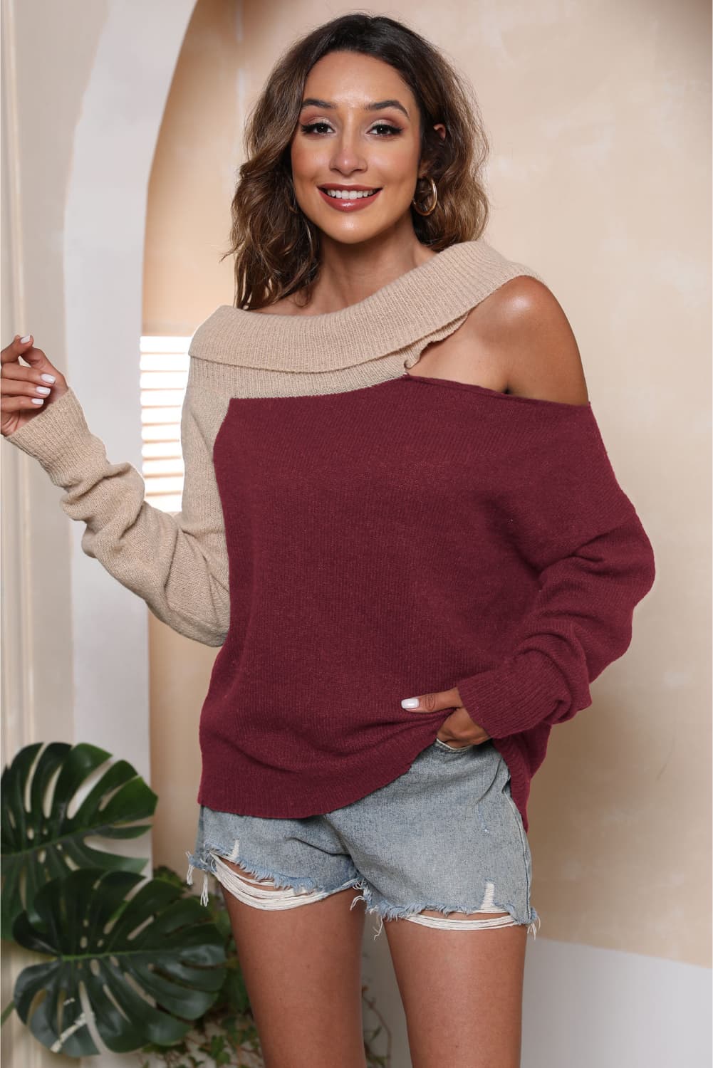 Long Sleeve Two-Tone Cutout Sweater