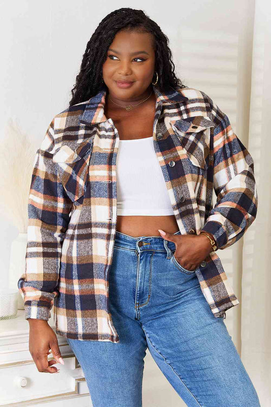 Double Take Plaid Button Front Shirt Jacket