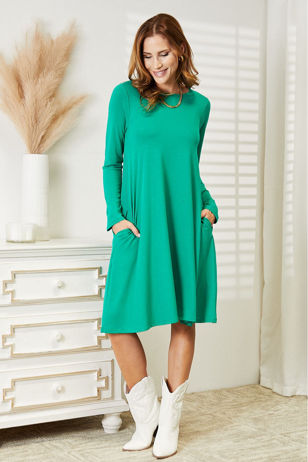 Zenana Long Sleeve Flare Dress with Pockets