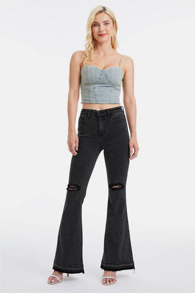 High Waist Distressed Raw Hem Flare Jeans