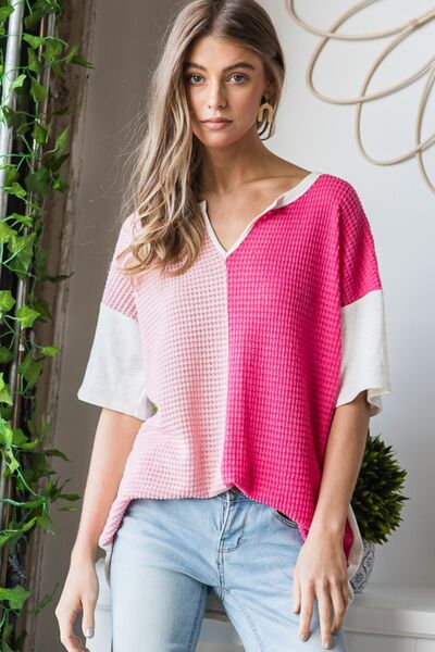 Heimish Contrast Waffle-Knit Half Sleeve Blouse