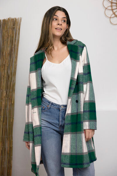 Double Take Plaid Button Up Lapel Collar Coat