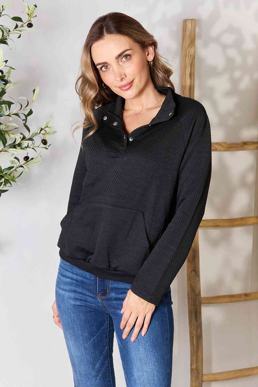 Half Buttoned Collared Neck Sweatshirt with Pocket