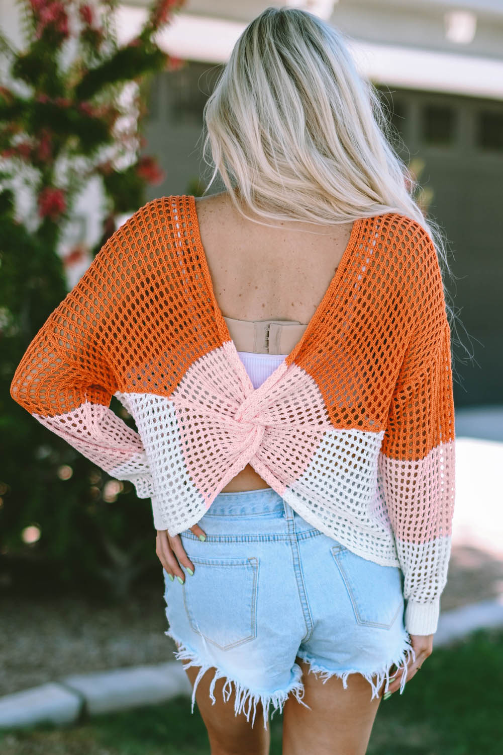 Pink Sherbet Openwork V-Neck Dropped Shoulder Blouse