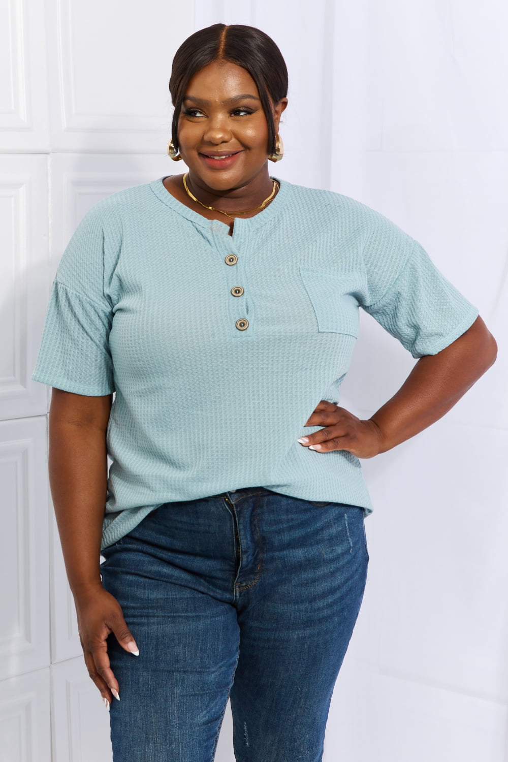 Made For You 1/4 Button Down Waffle Top in Blue