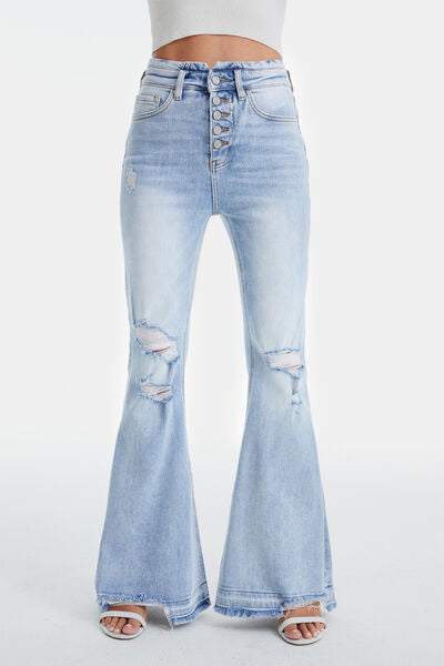 BAYEAS Distressed Raw Hem High Waist Flare Jeans