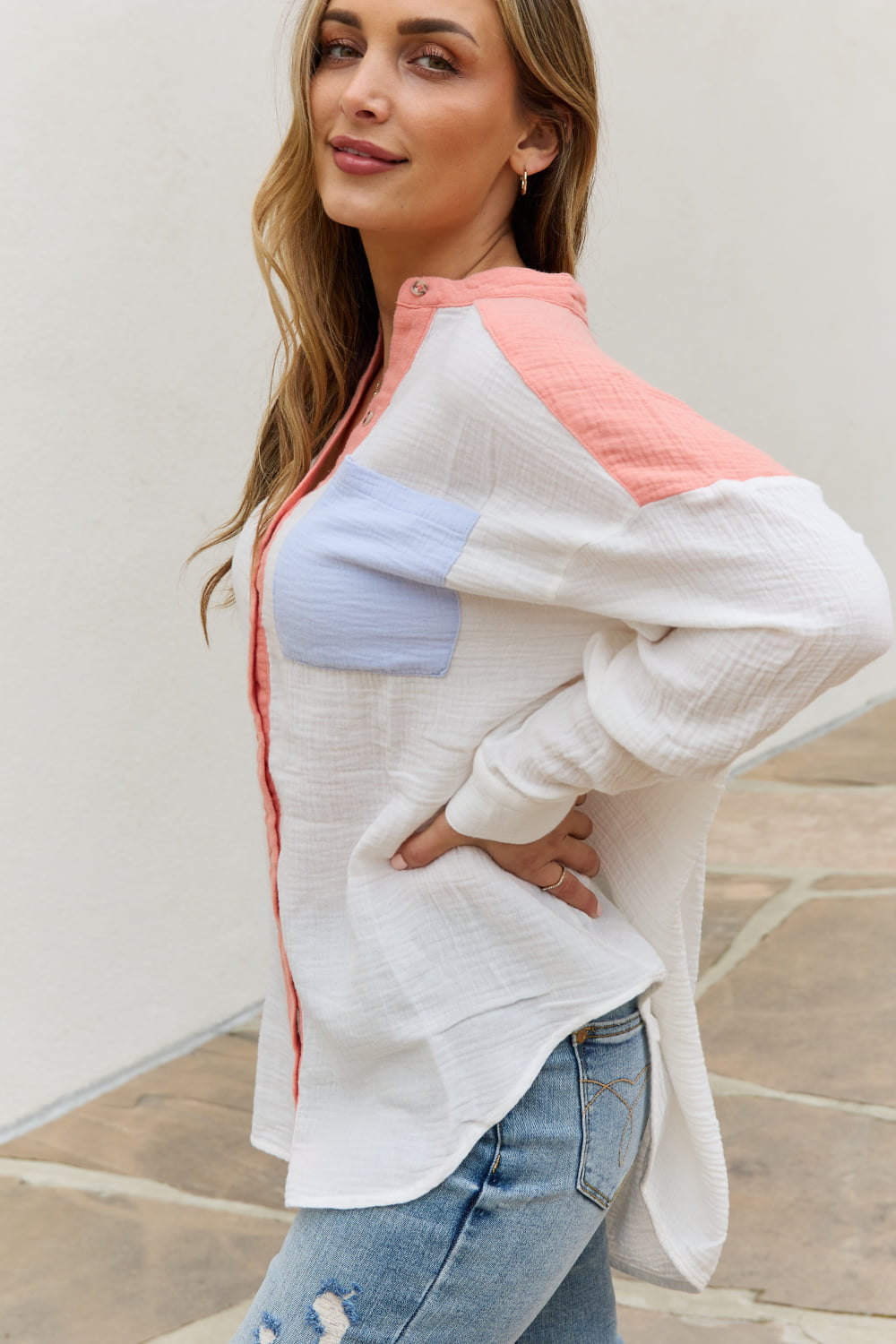 White Birch Color Block Woven Button Down Top