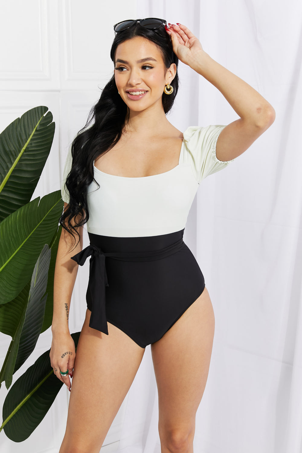 Salty Air Puff Sleeve One-Piece in Cream/Black