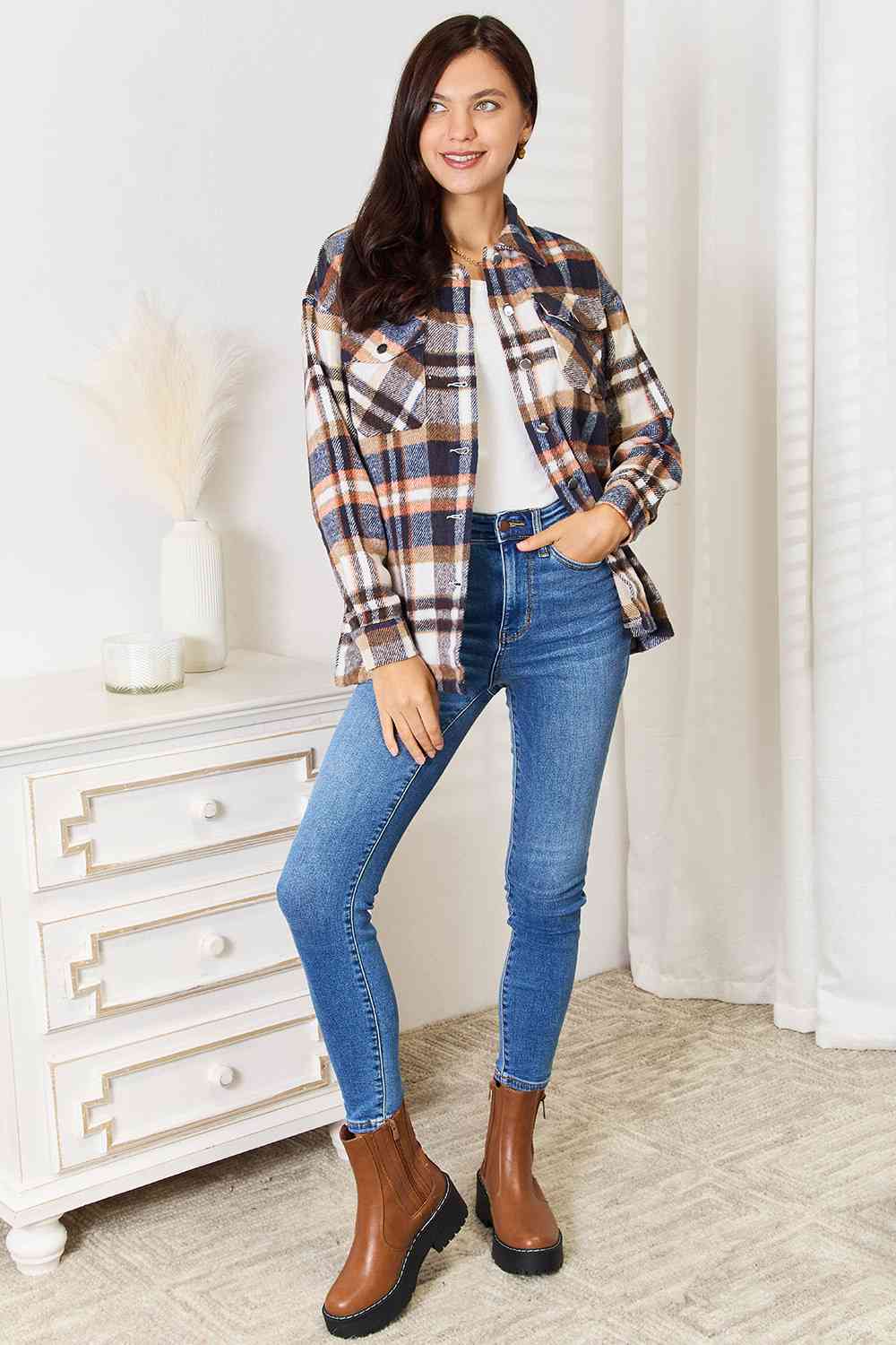 Double Take Plaid Button Front Shirt Jacket