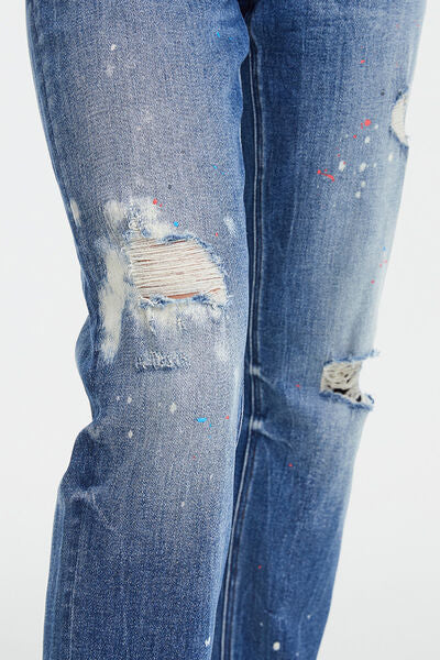 High Waist Distressed Paint Splatter Pattern Jeans