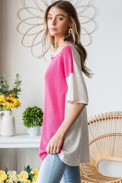 Heimish Contrast Waffle-Knit Half Sleeve Blouse