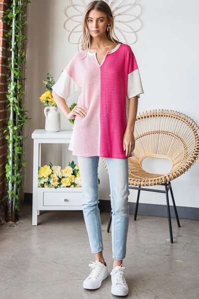 Heimish Contrast Waffle-Knit Half Sleeve Blouse