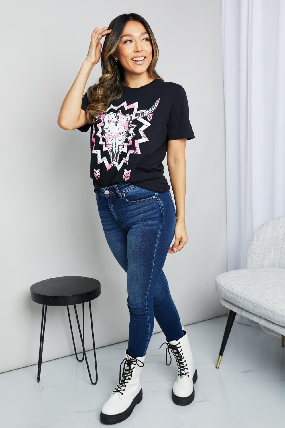 Pink/Black Graphic Round Neck Tee Shirt