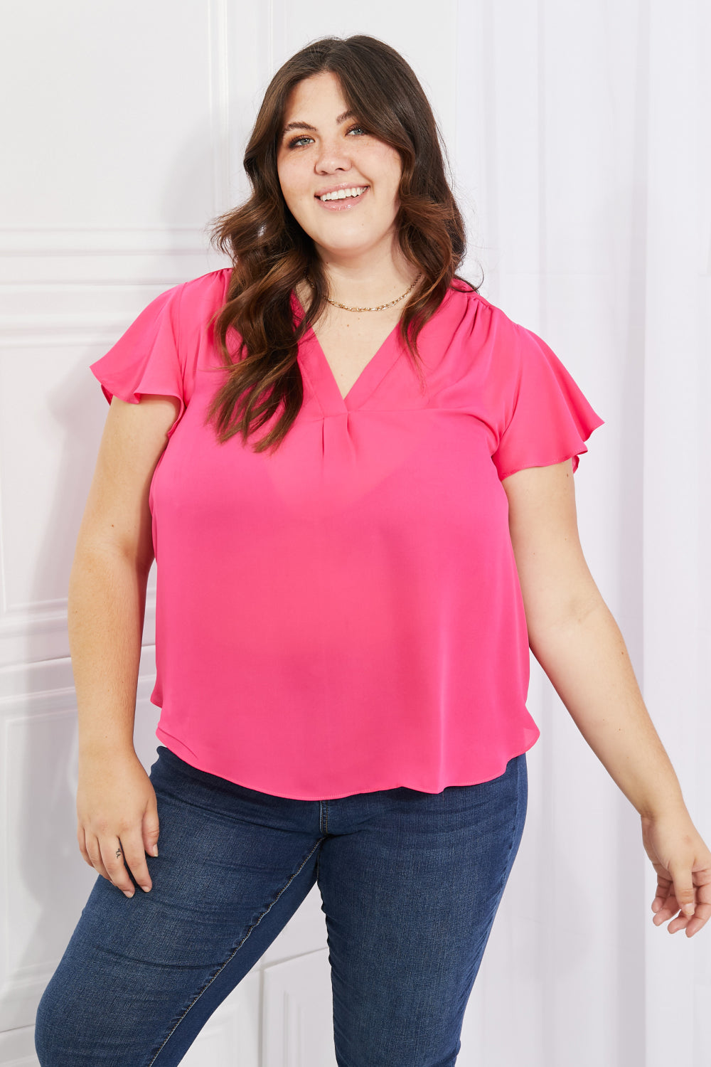 Just For You Short Ruffled sleeve length Top in Hot Pink