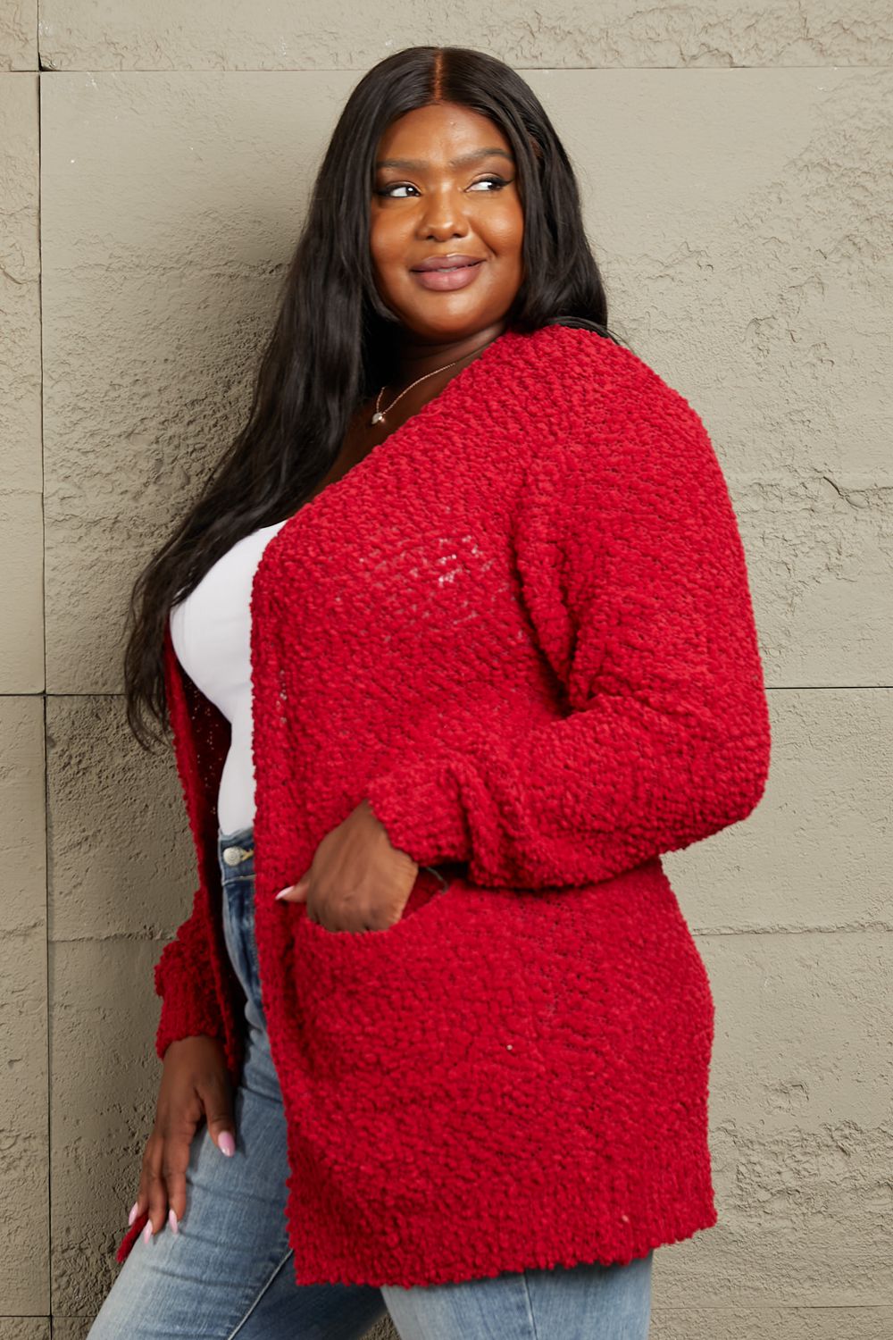 Zenana Open Front Popcorn Cardigan