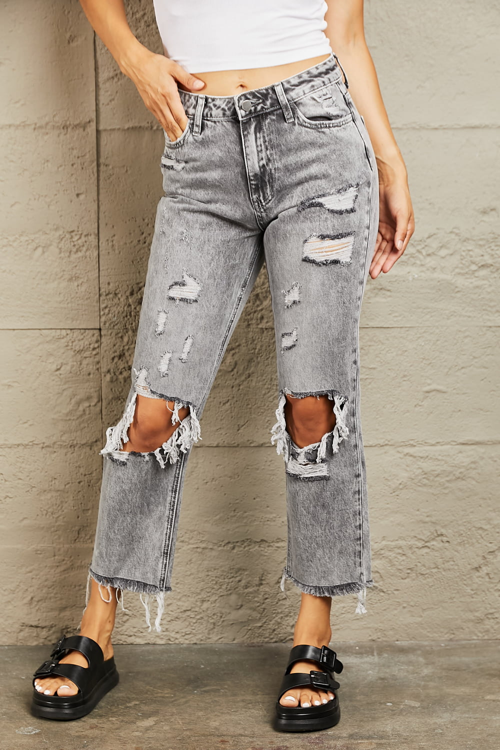 Acid Wash Distressed Straight Jeans