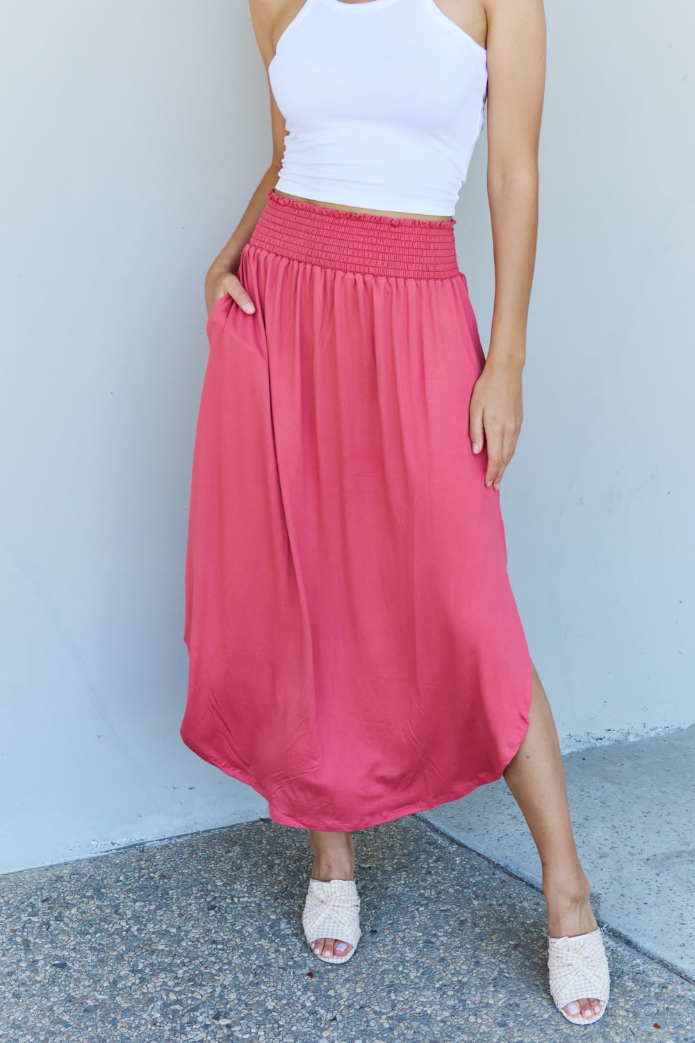 Princess Waist Scoop Hem Maxi Skirt in Hot Pink