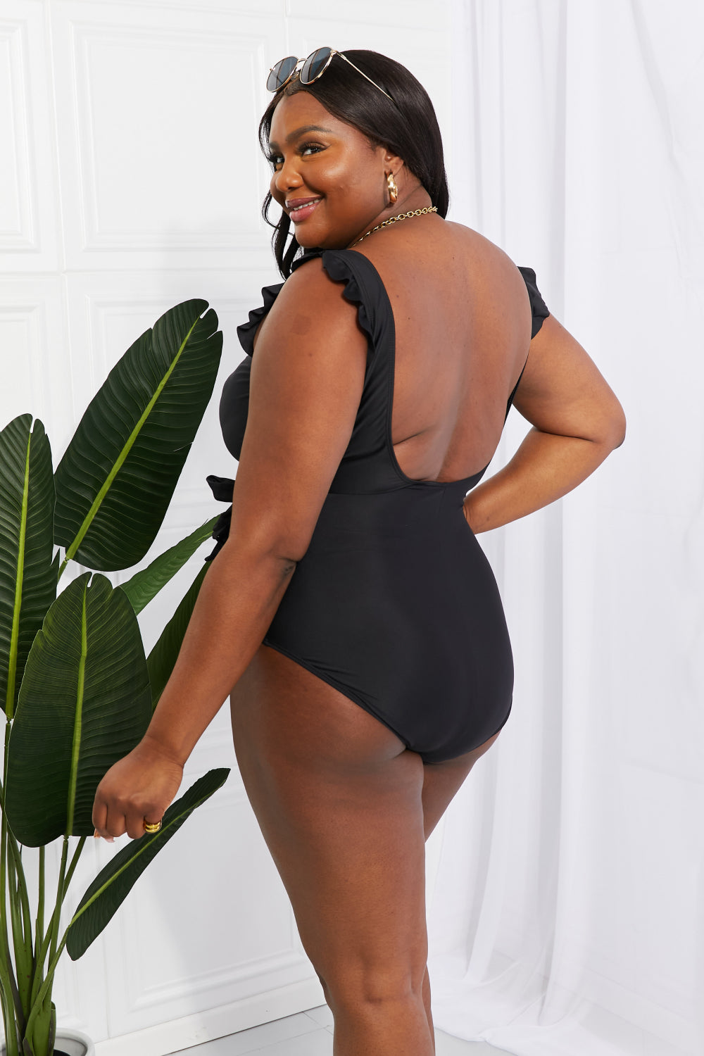 Marina West Swim Float On Ruffle Faux Wrap One-Piece in Black