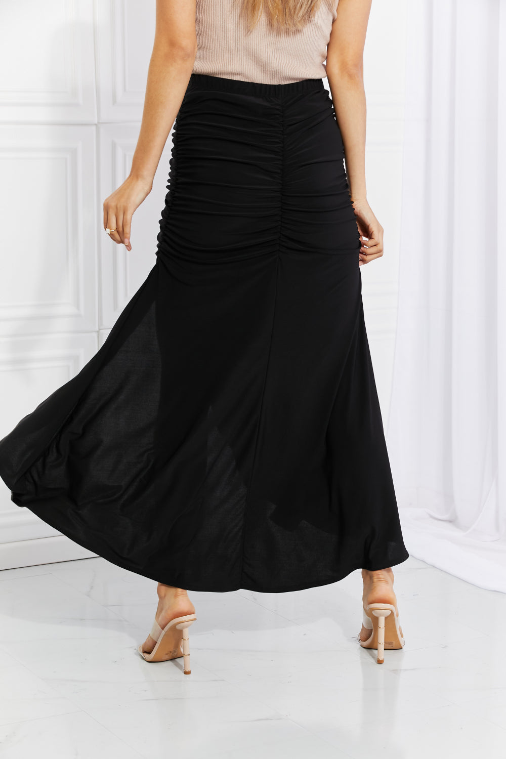 White Birch Ruched Slit Maxi Skirt in Black