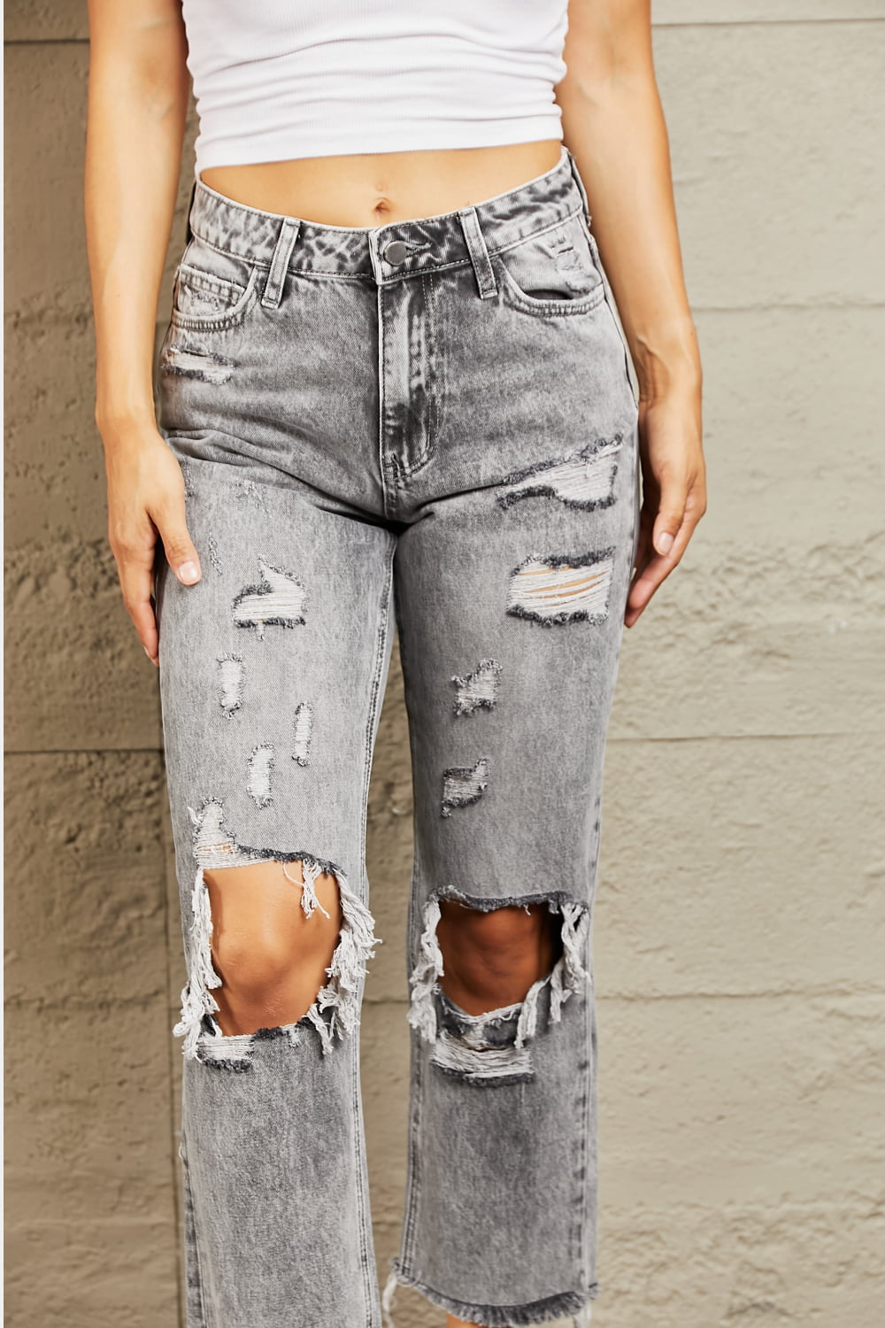 Acid Wash Distressed Straight Jeans