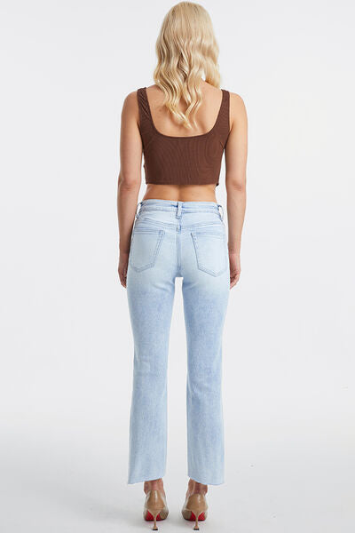 High Waist Raw Hem Washed Straight Jeans