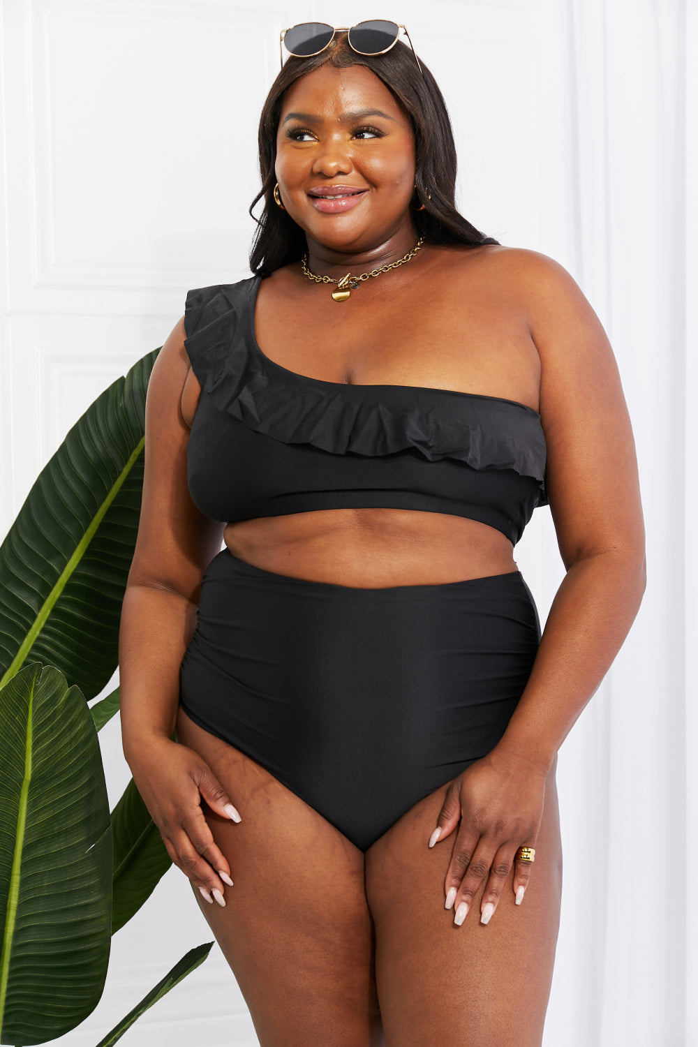 Seaside Romance Ruffle One-Shoulder Bikini in Black