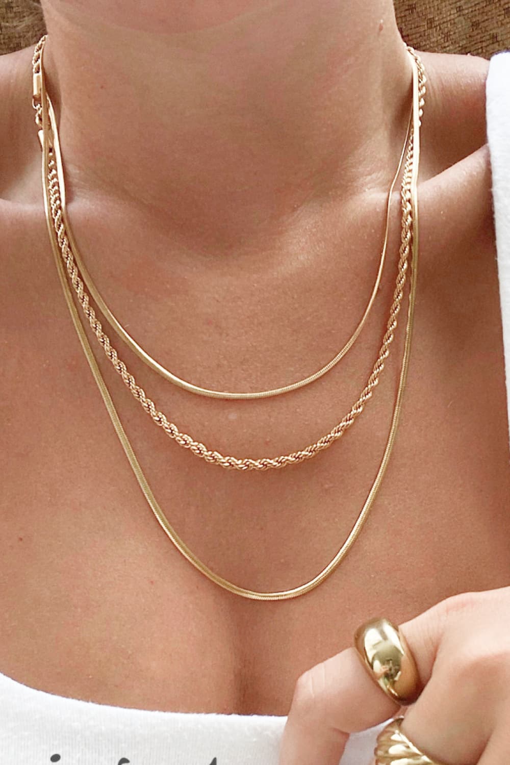 Stainless Steel 18K Gold Pleated Triple Layer Necklace