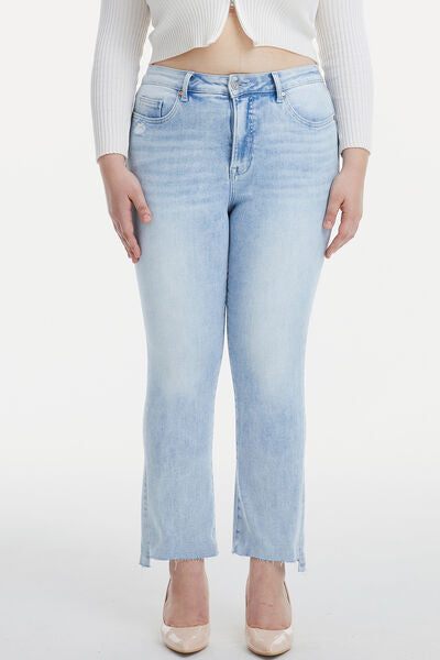 High Waist Raw Hem Washed Straight Jeans