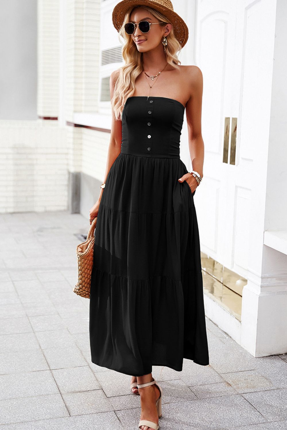 Strapless Buttoned Tiered Dress with Pockets