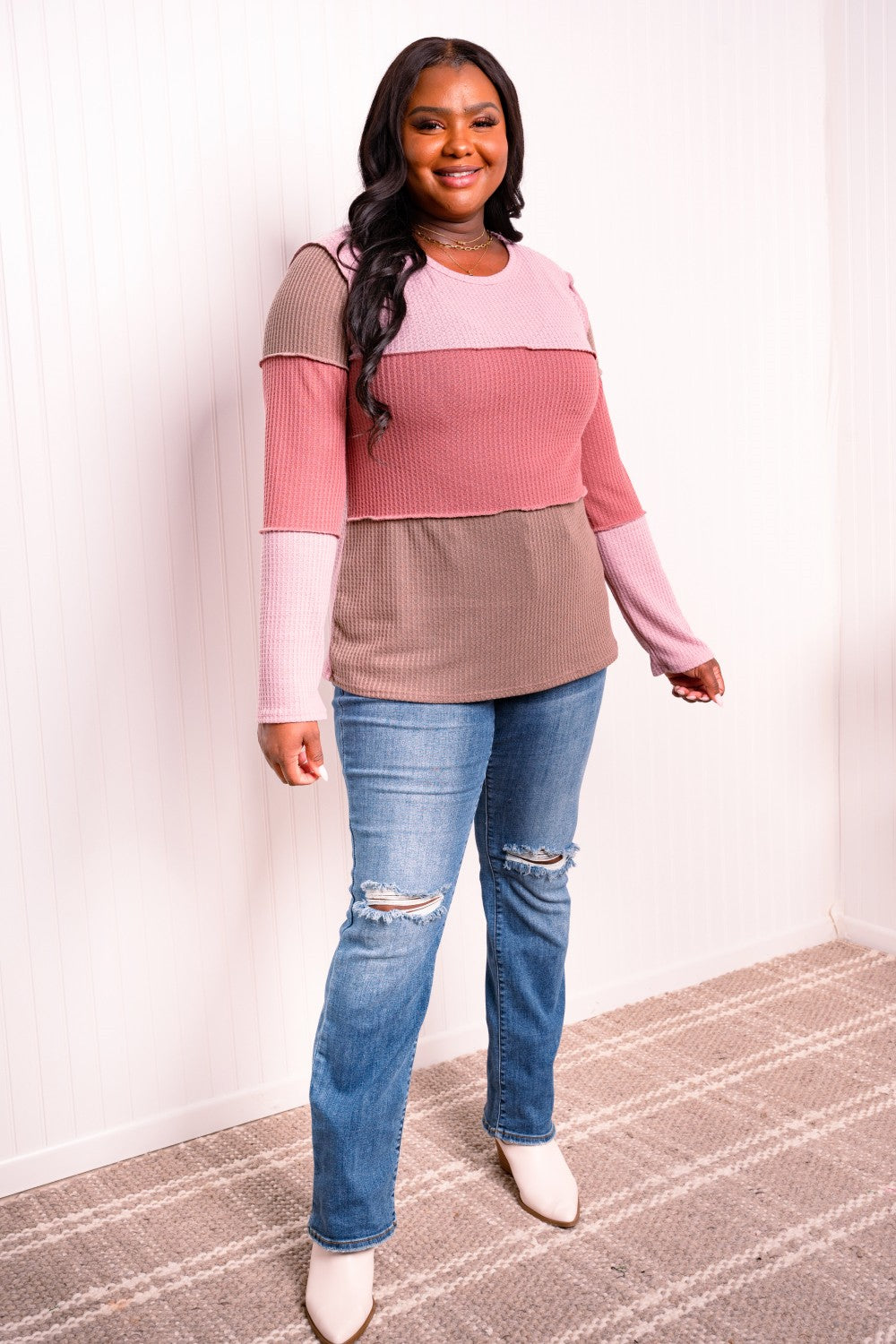 Color Block Exposed Seam Waffle-Knit Top