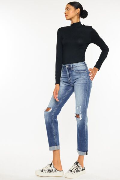 High Waist Distressed Hem Detail Cropped Straight Jeans