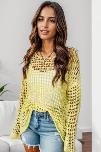 Openwork Round Neck Dropped Shoulder Knit Top