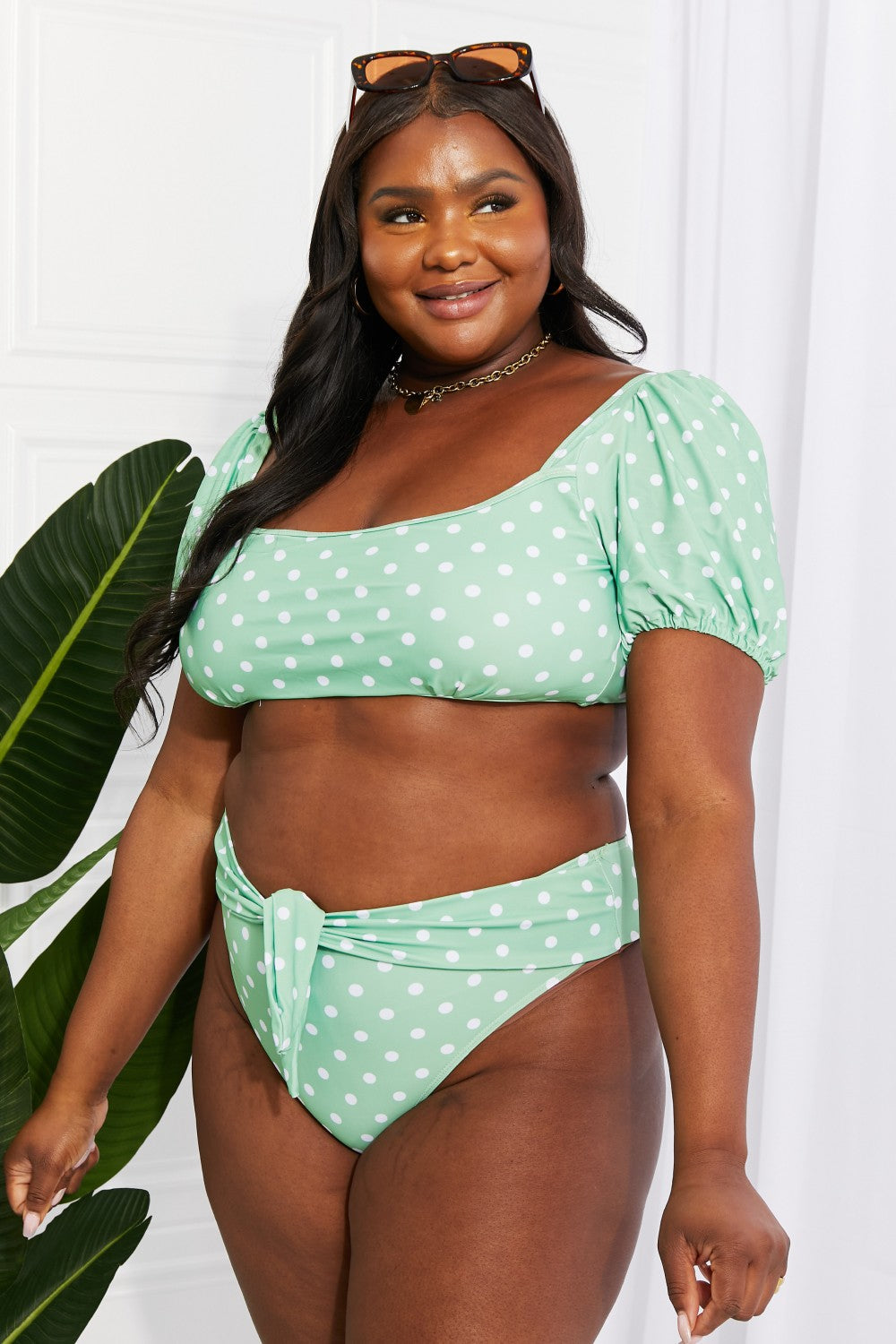 Swim Vacay Ready Puff Sleeve Bikini in Gum Leaf