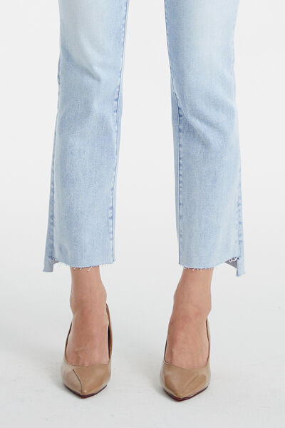 High Waist Raw Hem Washed Straight Jeans