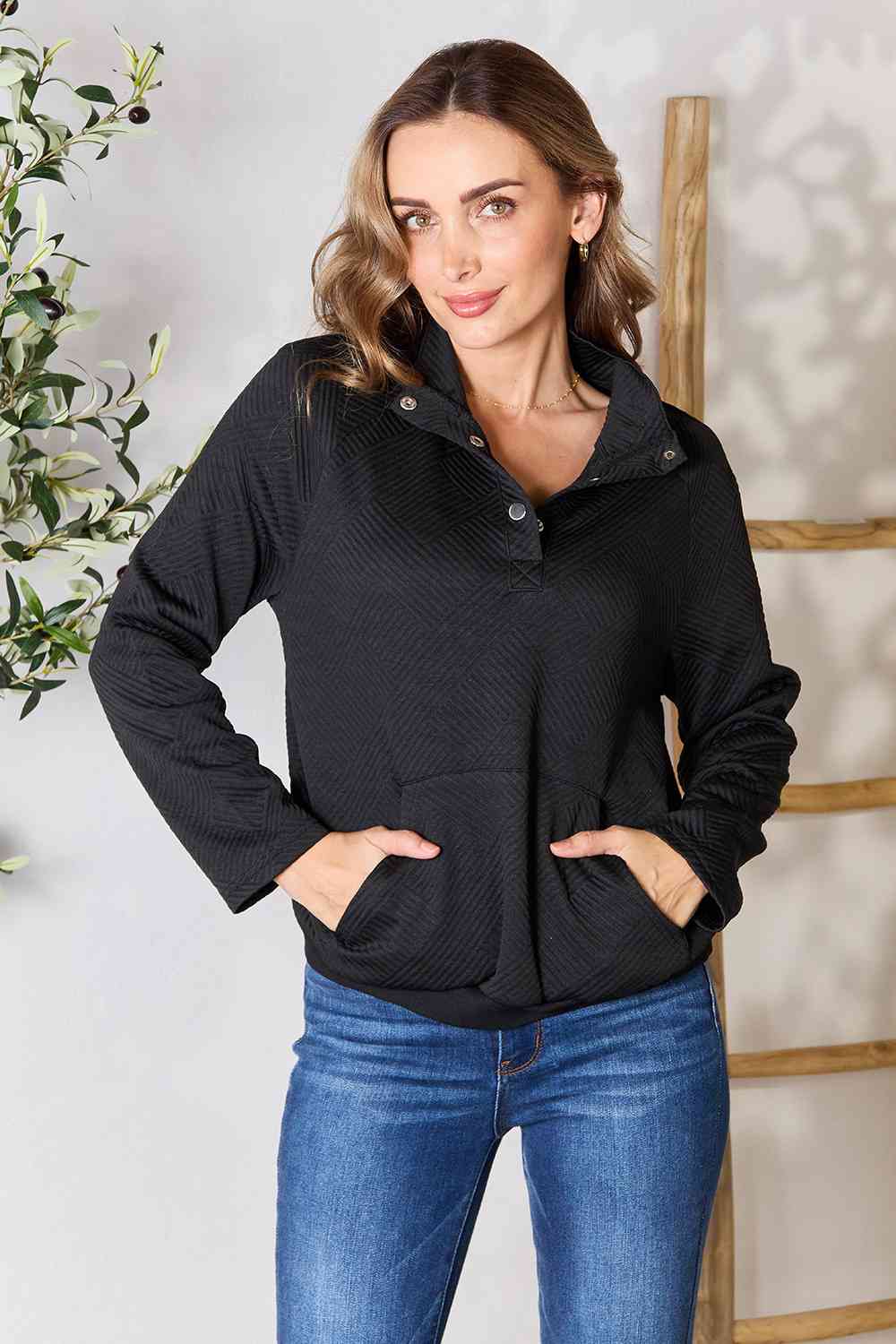 Half Buttoned Collared Neck Sweatshirt with Pocket