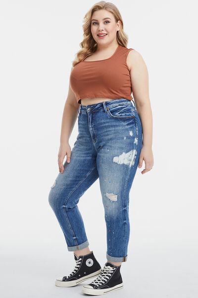 High Waist Distressed Paint Splatter Pattern Jeans